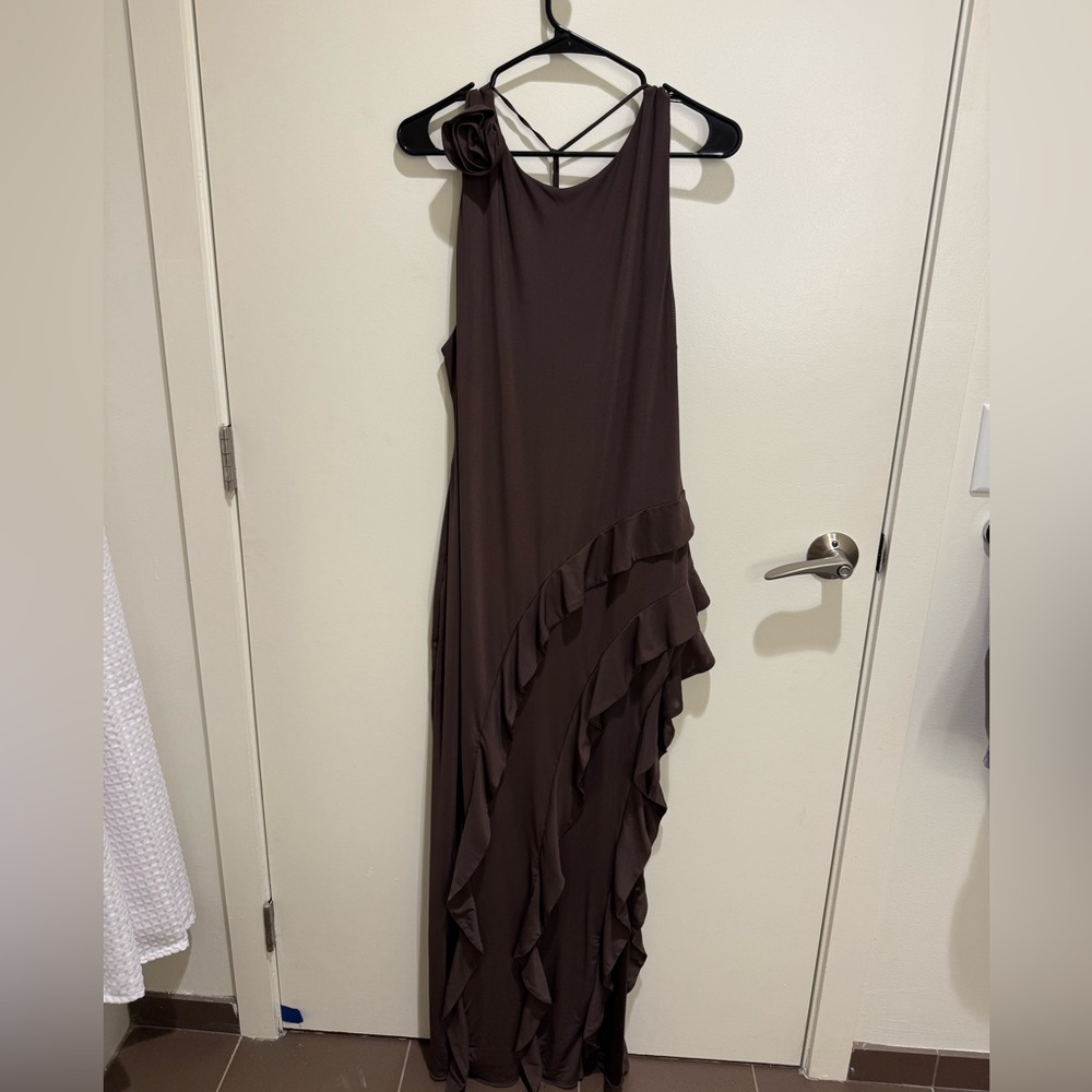 AFRM Heiress Ruffle Maxi Dress, Brown, 1X